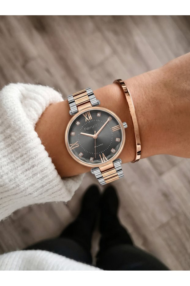 Roman Numeral Stone Smoked Dial Rose Gold Detailed Women's Wristwatch