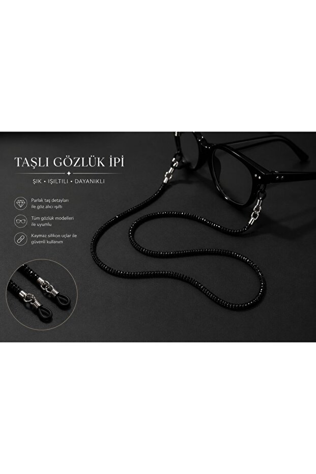 Shiny Black Stone Embellished Glasses Cord Sunglasses and Eyeglasses Chain Strap