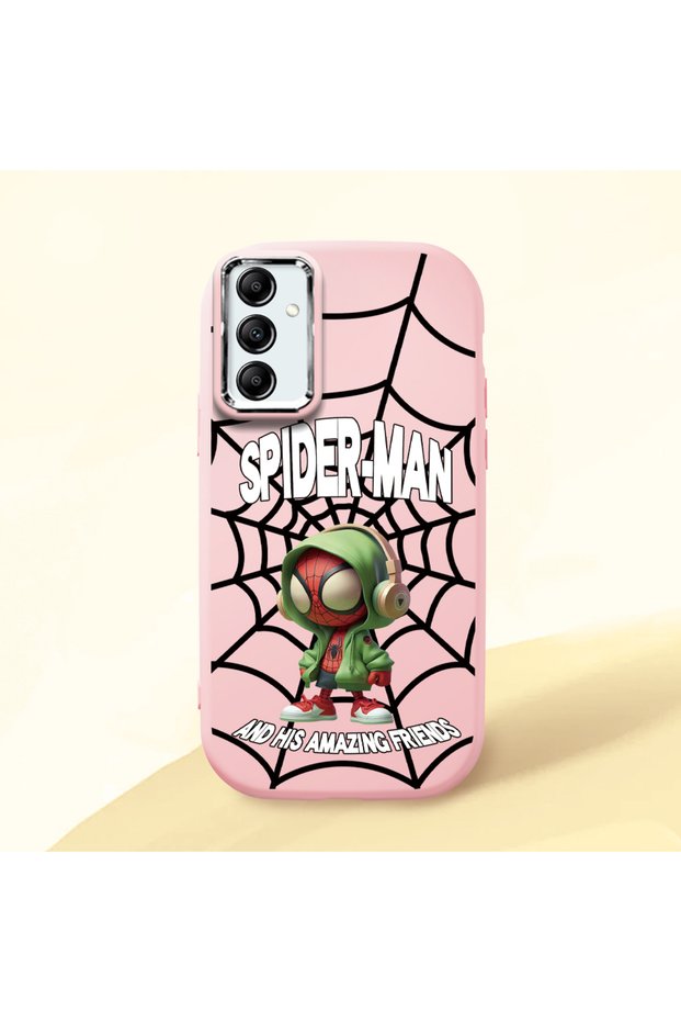 Samsung Galaxy A14 Compatible Case with Camera Protection Pink Silicone Couple Phone Case with Spiderman Pattern