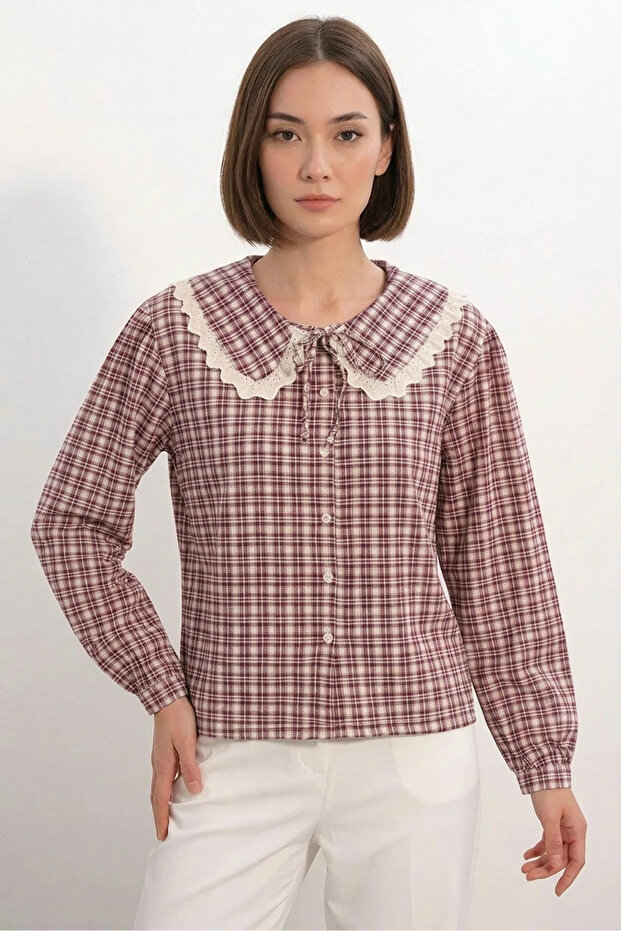 Women's Lace Collar Checkered Pattern Burgundy Shirt