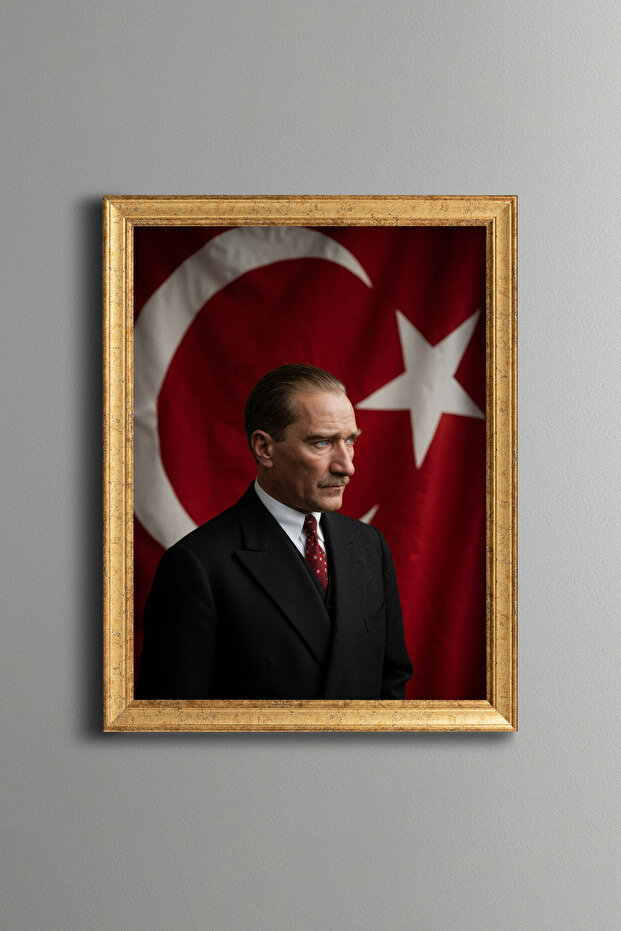 Ataturk in Front of the Turkish Flag - Vintage Patterned Frame - Slim Model