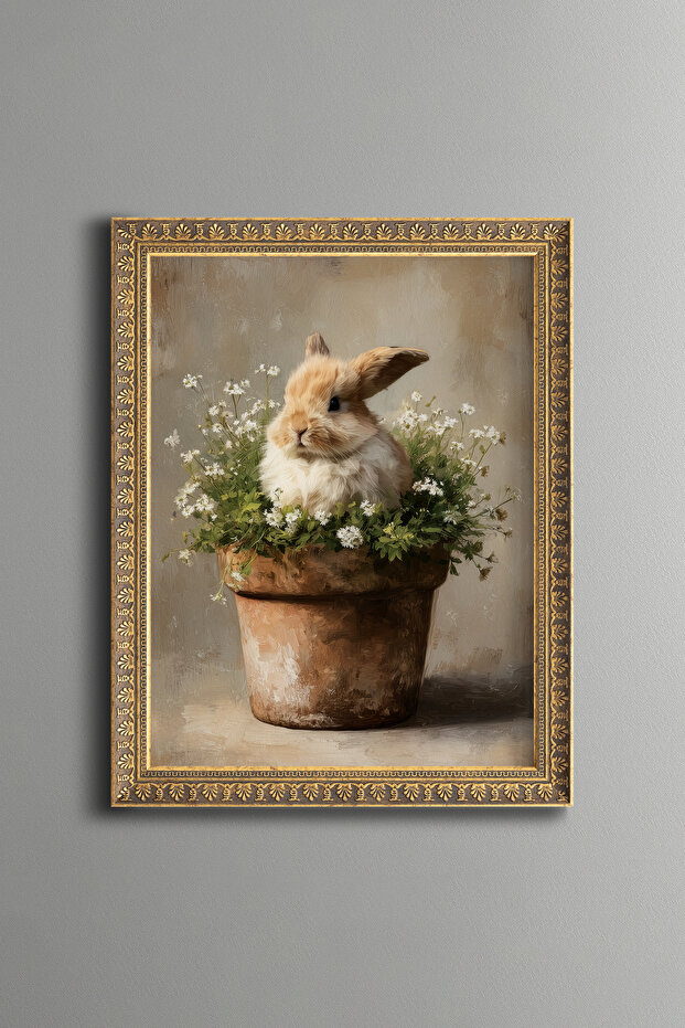 Cute Rabbit in a Flowerpot - Vintage Patterned Frame - Thin Model