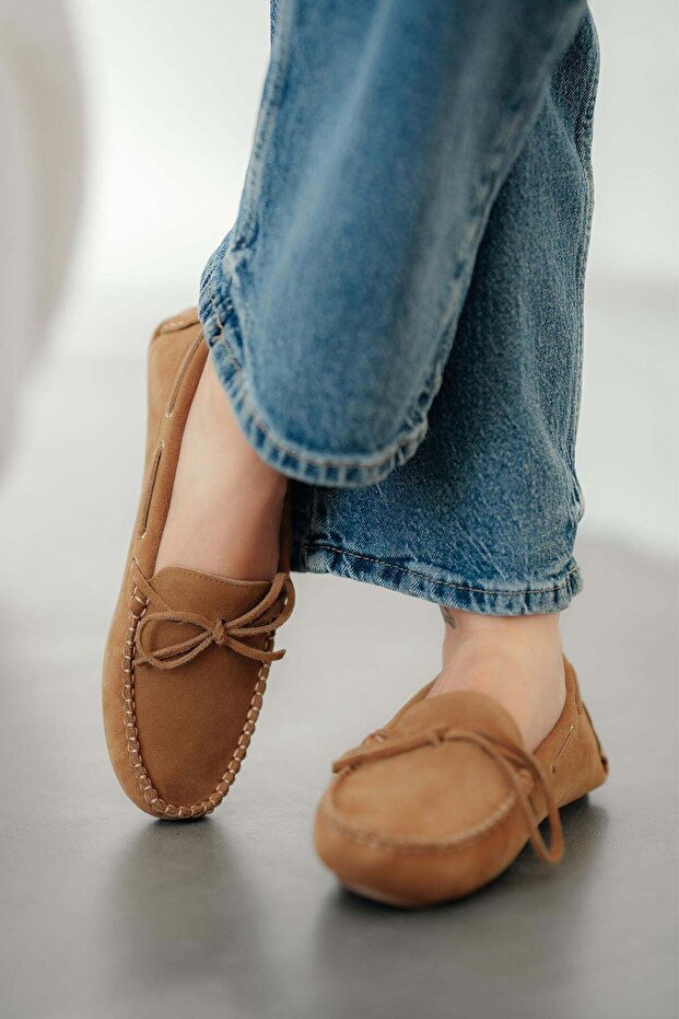 Alisa Women's Genuine Suede Leather Loafer Shoes Camel