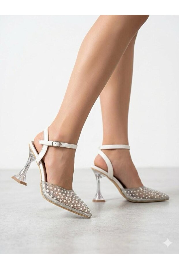 Women's White Pearl Detailed Transparent Thin Heeled Shoes