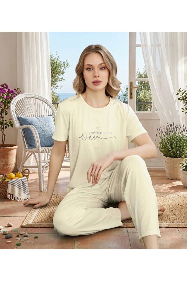 Women's Short Sleeve Long Crew Neck Ribbed Summer Themed Pajama Set