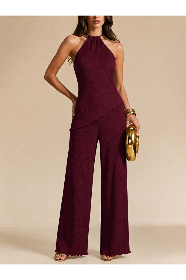 Burgundy Halter Neck Asymmetrical Hem Wide Leg Bottom and Top Set