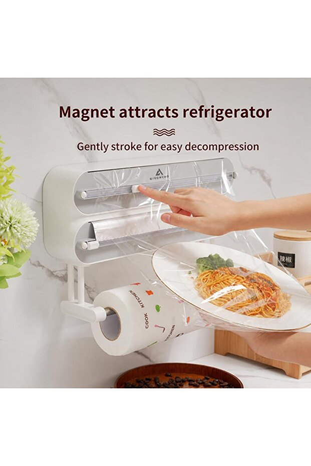 3-in-1 Magnetic Wall Mounted Plastic Wrap & Tissue Cutter, White for Kitchen