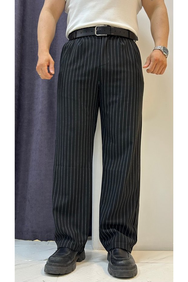 Striped Pleated Baggy Fit Fabric Trousers