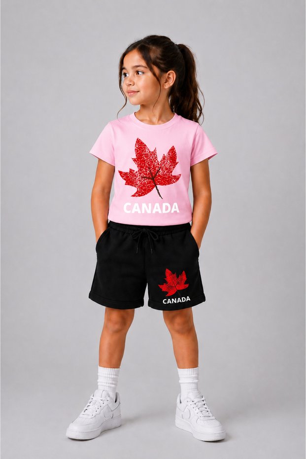 Girls' T-Shirt and Shorts Set 100% Cotton Summer Comfortable Fit Canada Printed Sports Casual Set (Shorts and T-Shirt Set)