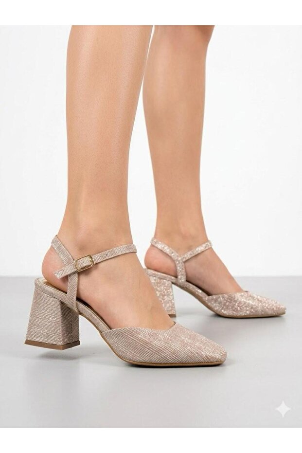 Women's Gold Glitter Single Strap Square Toe Thick Heeled Shoes