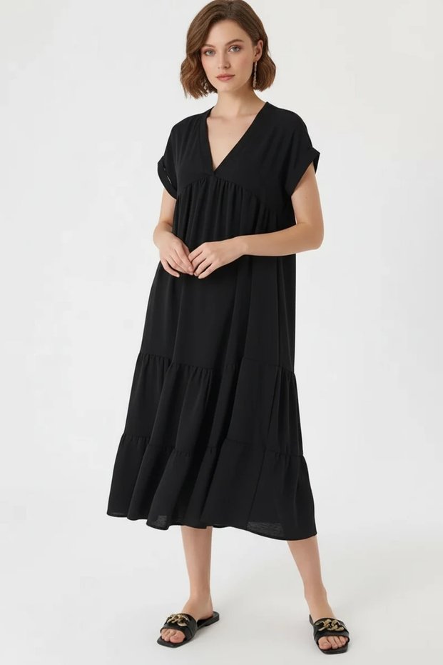 Women's V-Neck Gathered Waist Flounce Ruffle Black Dress
