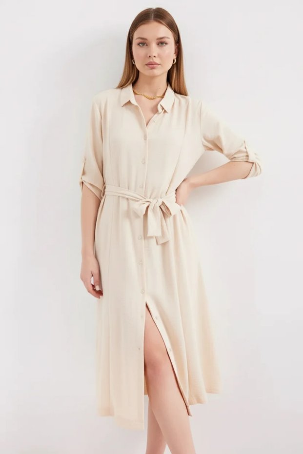 Women's Shirt Collar Belted Cream Dress