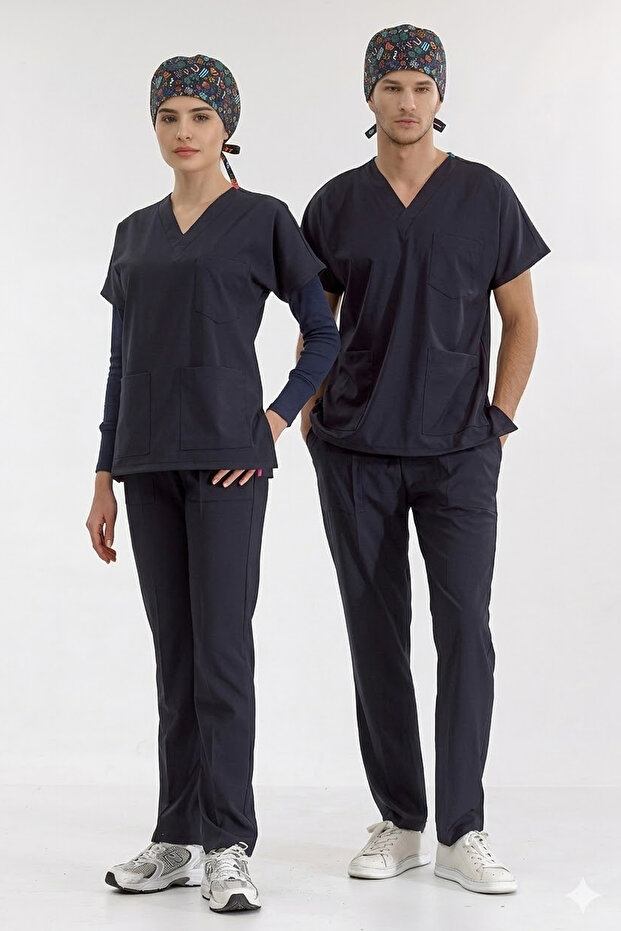 Navy Blue Luxury Lycra Surgical Suit + Floral Insect Patterned Surgical Cap