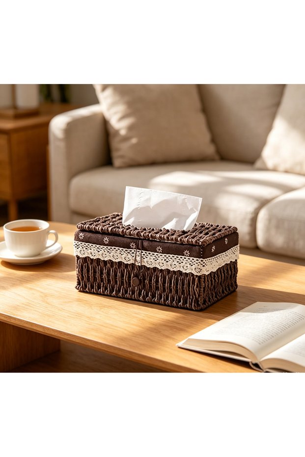 OneDcor Vintage Woven Paper Rope Tissue Box, Farmhouse Decor with Detachable Washable Liner, Lace & Wooden Button for Bathroom Bedroom Table