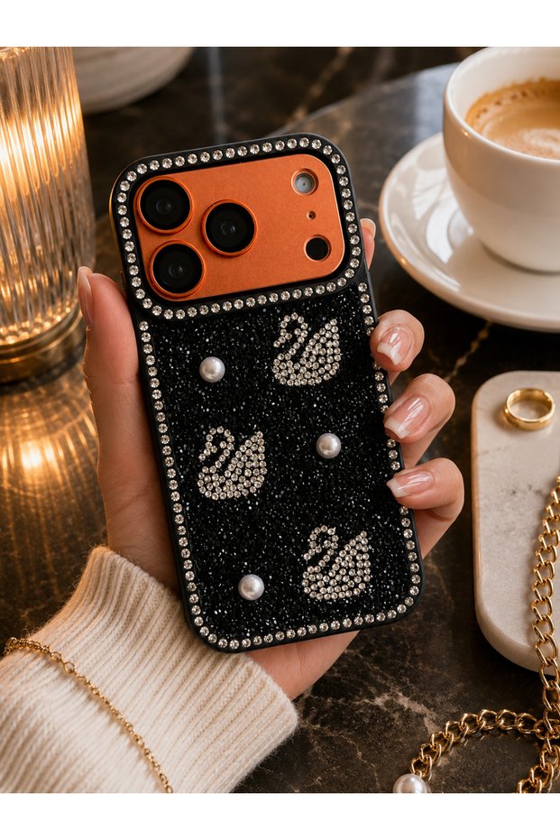 Compatible with iPhone 17 Pro / 18 Pro - Swan Patterned Stone, Pearl, and Glittery Phone Case