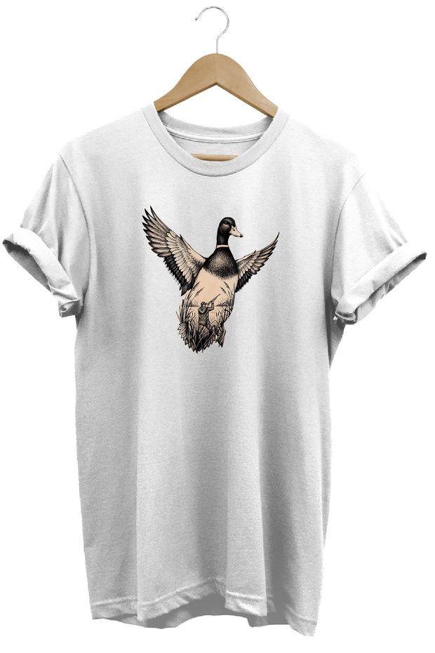 Unisex Regular Duck and Hunter Illustration Printed Crew Neck T-Shirt