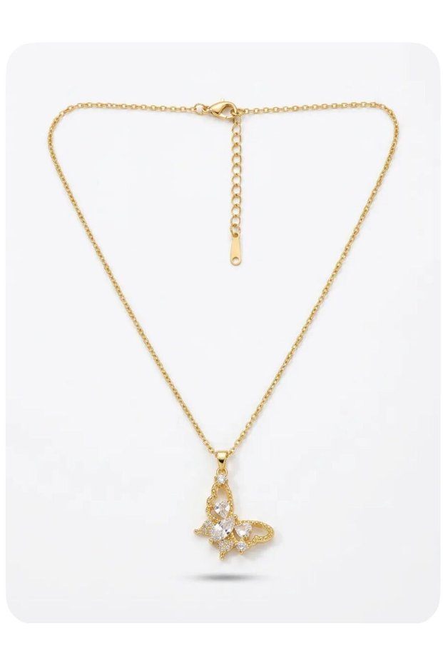 Women's Steel Necklace with Butterfly and Heart Detail and Zircon Stones