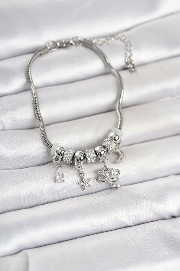 Brass Silver Color Charmlı Women's Bracelet