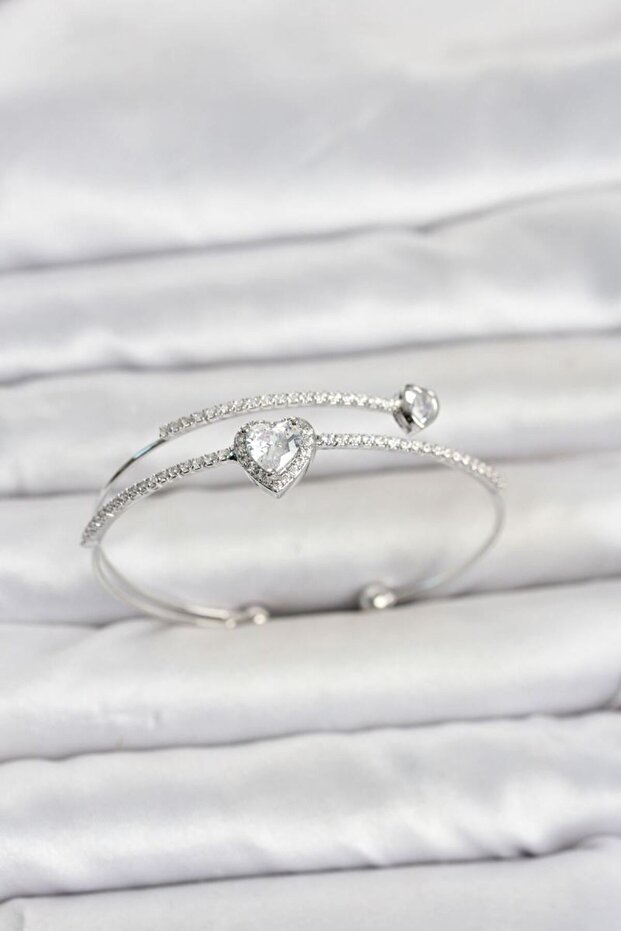 Brass Silver Color Heart Model Zircon Stone Women's Bracelet