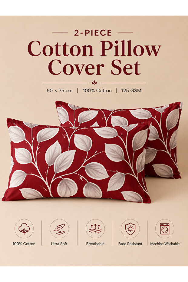 Set of 2 Cotton Printed Pillow Covers – Soft Breathable Pillow Cases with Envelope Closure 125 GSM Fabric