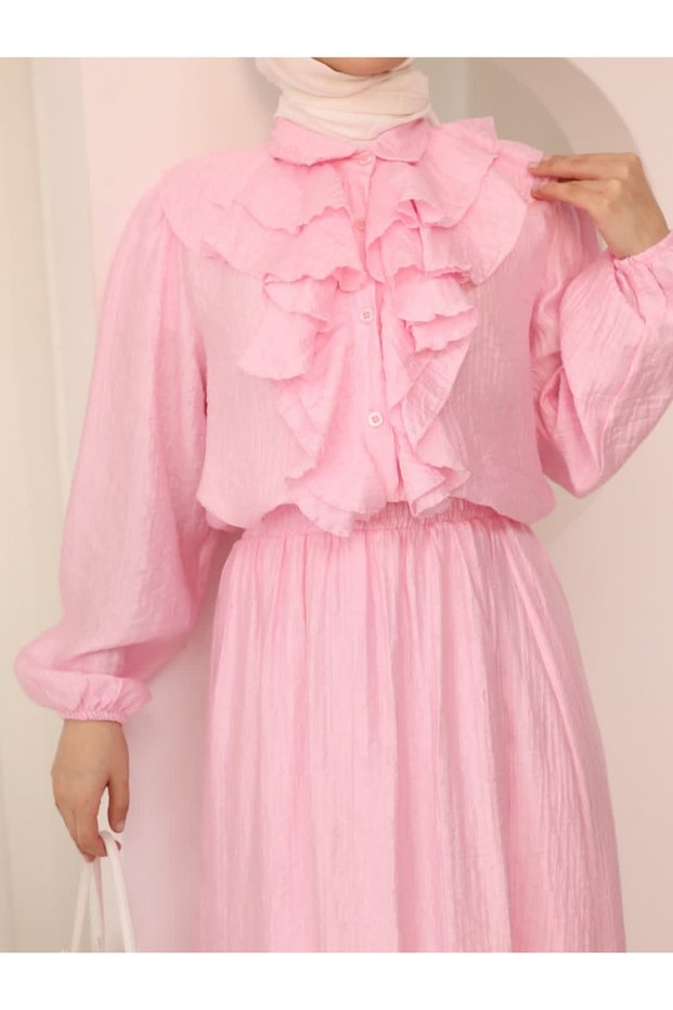 Shirt with Ruffle Detail at Collar, Elastic Waist, Lined Skirt, Two-Piece Set
