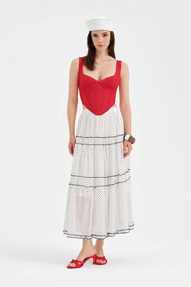 Women's Polka Dot Printed Lined Long Skirt with Elastic Waist Design