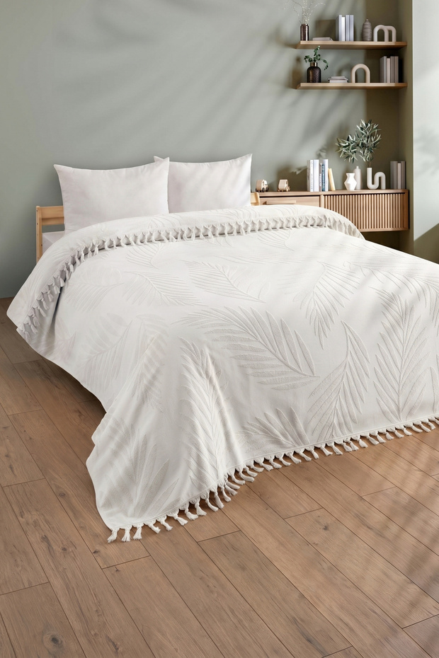 Double Fringed Towel Bedspread - 100% Cotton & Soft & Fringed Pique - 200X220 cm - Ecru