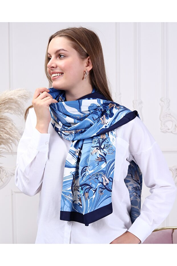 Women's Scarf Blue Color Patterned 70X160 cm Soft Textured Shoulder Shawl