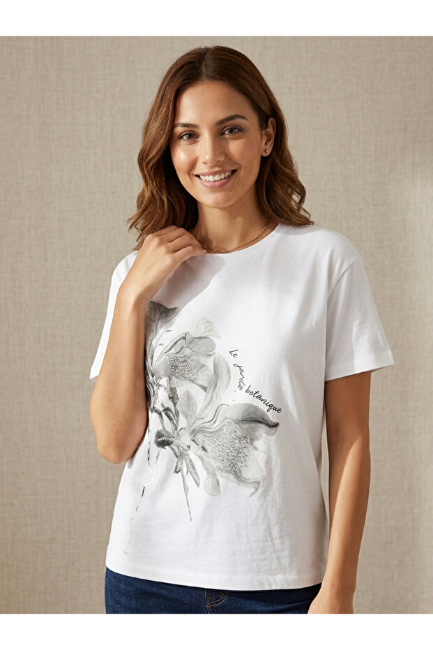 White Floral Printed Crew Neck Basic T-Shirt