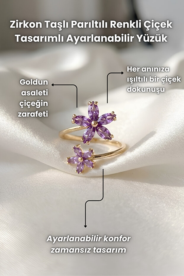 Zircon Stone Sparkling Colorful Flower Design Adjustable Ring