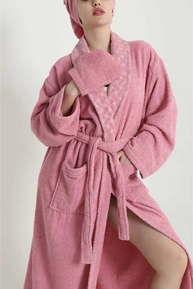Partial Velvet 3 Piece Bathrobe Set | Bathrobe + Head Towel + Washcloth | Soft Textured | High Water Absorption