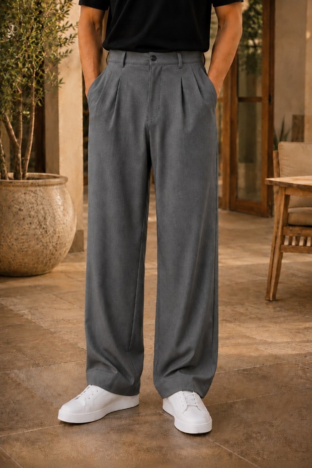Men's Smoked Fabric Trousers Baggy Cut Pleated