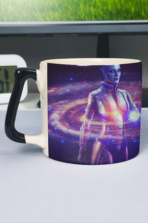 كوب سيراميك فاخر مطبوع عليه Mass Effect (قطعة واحدة) بمقبض أسود خاص بمقبض مموج V4D