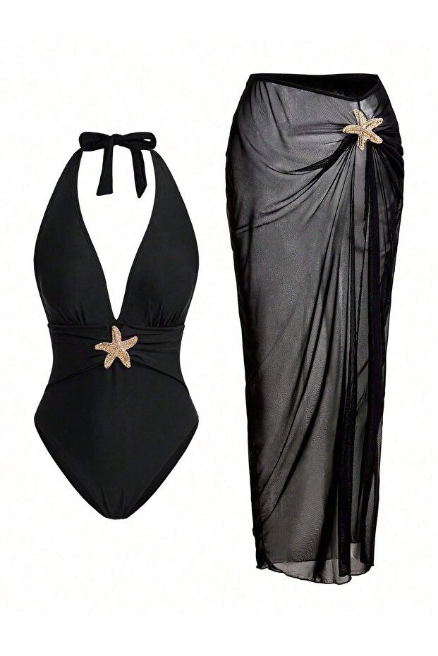 Women's Swimsuit with Gathering Accessories, Pareo Set of 2 with Accessories, Stylish and Slimming Effect