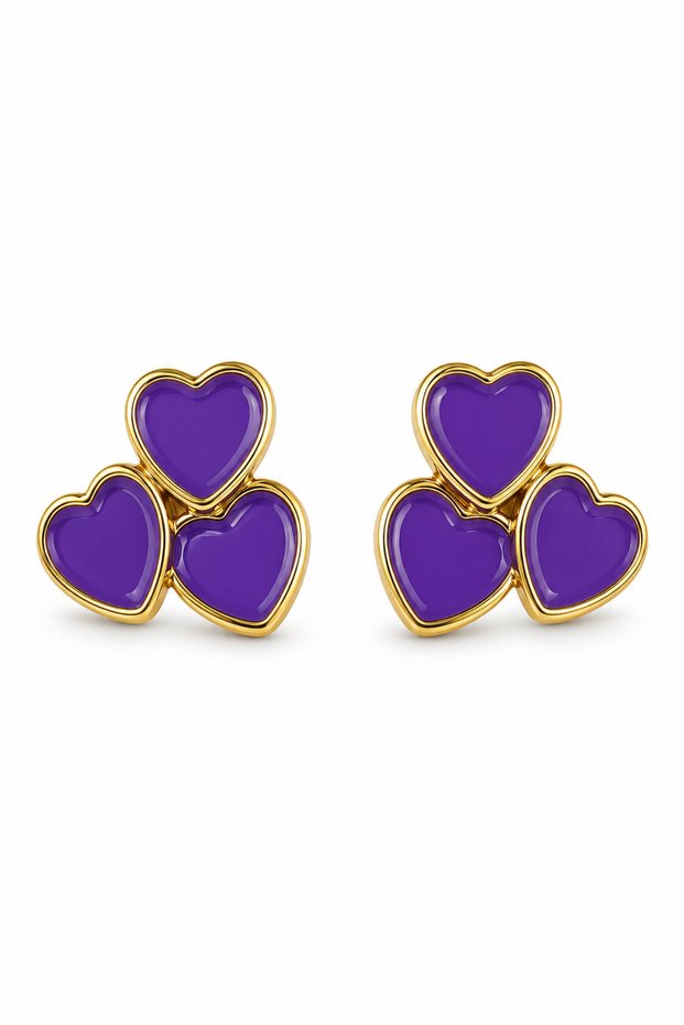 Women's Steel Yellow Plated Purple Enamel Triple Heart Earrings