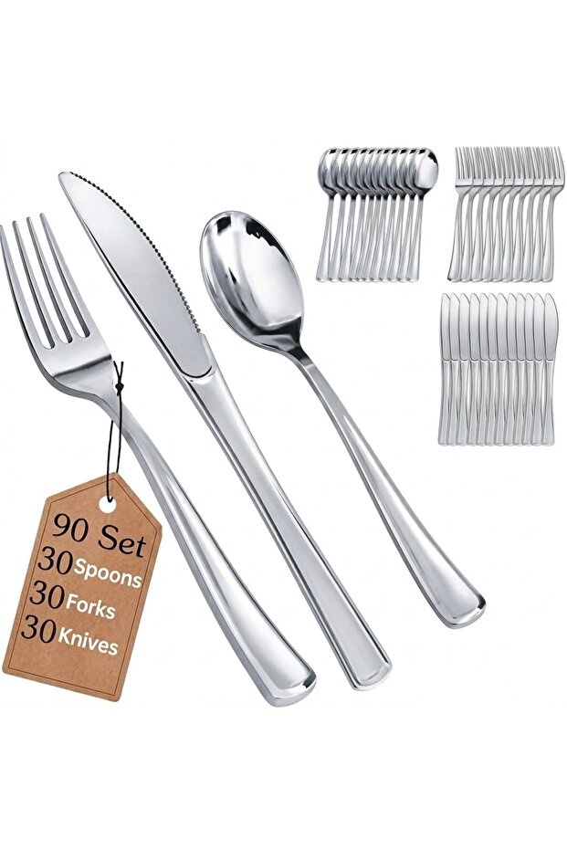 Premium Silver Plastic Cutlery Set, 90 Pieces Flatware Collection Includes 30 Spoons 30 Forks And 30 Knives, Reusable Dining Tableware Set For Home Kitchen Serving And Events