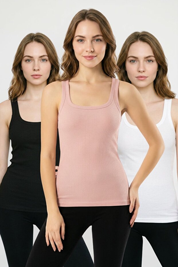 3-Pack 100% Cotton Ribbed Camisole Thick Strap U-Neck Flexible Comfortable Daily Women's Undershirt Set
