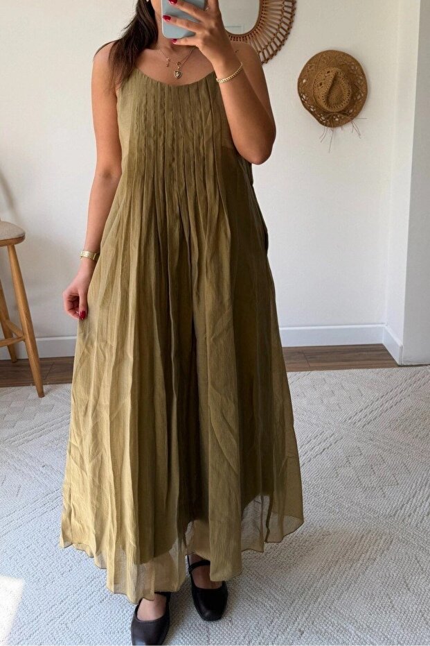 Pliated Collar Strappy Long Dress 3413