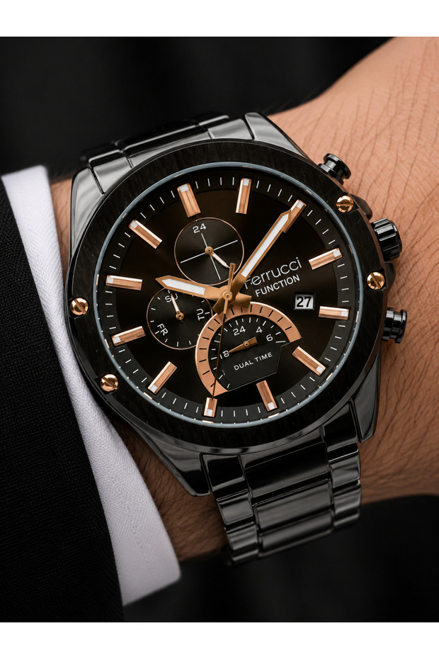 Men's Wristwatch Steel Band Black Color with Function Calendar and Gift Box