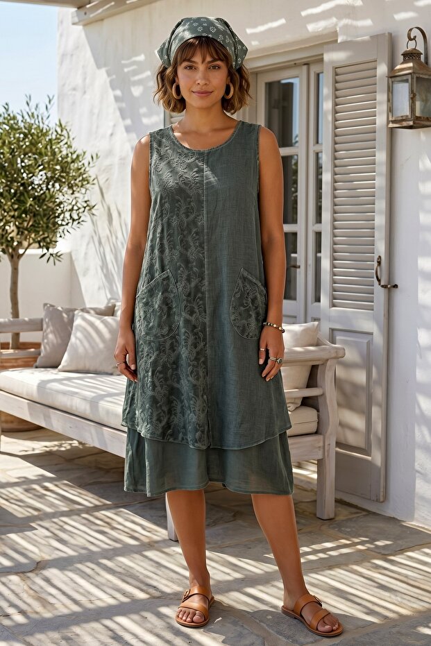 Khaki Pool Collar Sleeveless Pocketed Lined Embroidered Washable Casual Cotton Woven Dress 115 55