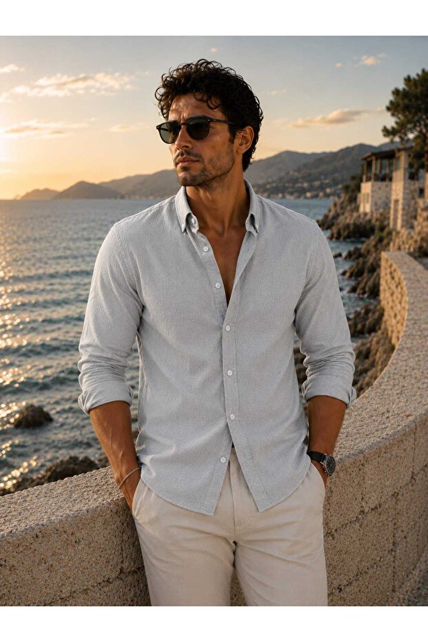 Fit Cut Cotton Linen, Breathable, Light Textured, Button-Up Collar, Men's Linen Shirt