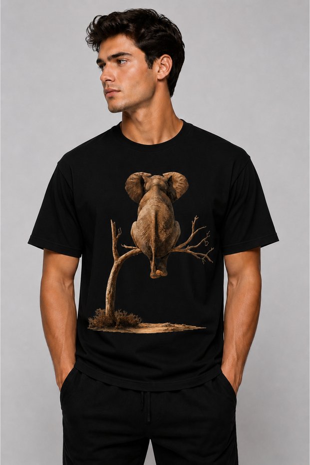 Men's Oversize T-Shirt Treehugging Elephant Printed 100% Cotton T-Shirt Comfortable Fit