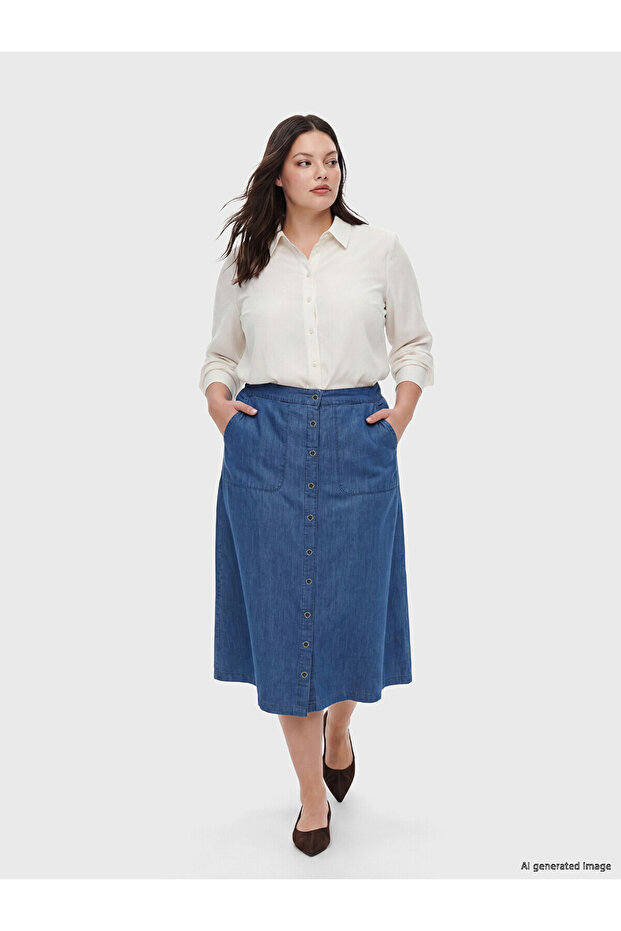 Elastic Waist Pocketed Jean Skirt (S6)
