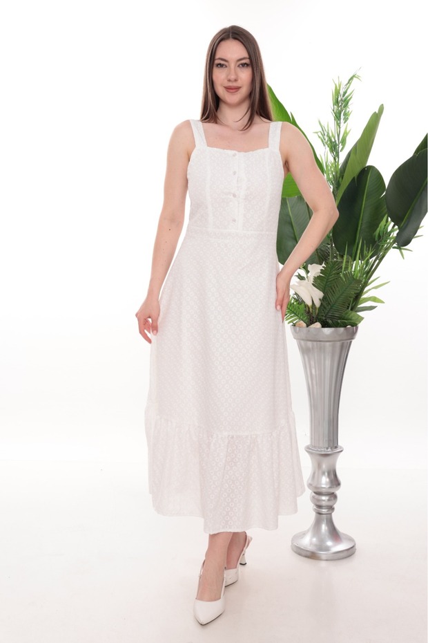 White Scallop Detailed Strappy Midi Dress
