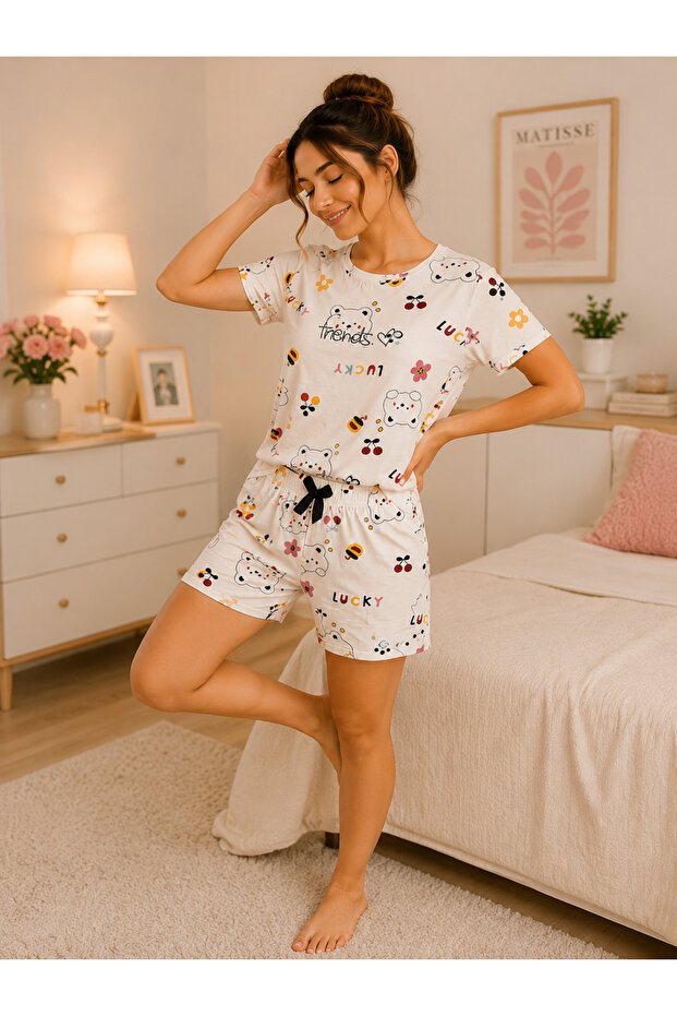 Women's Teddy Bear Patterned Shorts Pajama Set Short Sleeve Summer Home Wear