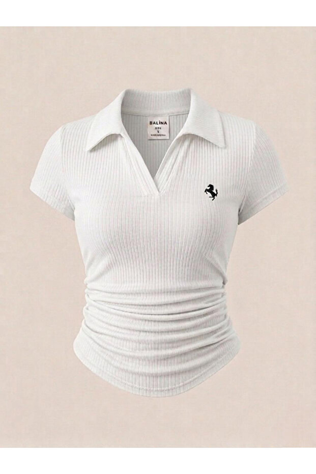White Polo Collar Ribbed Premium Blouse - 1