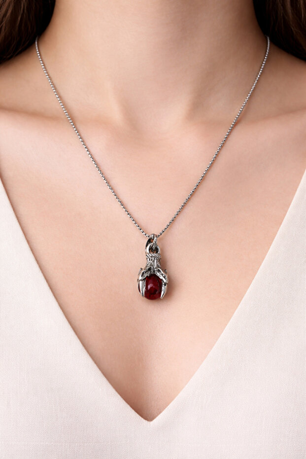 Red Glass Stone Eagle Claw Necklace