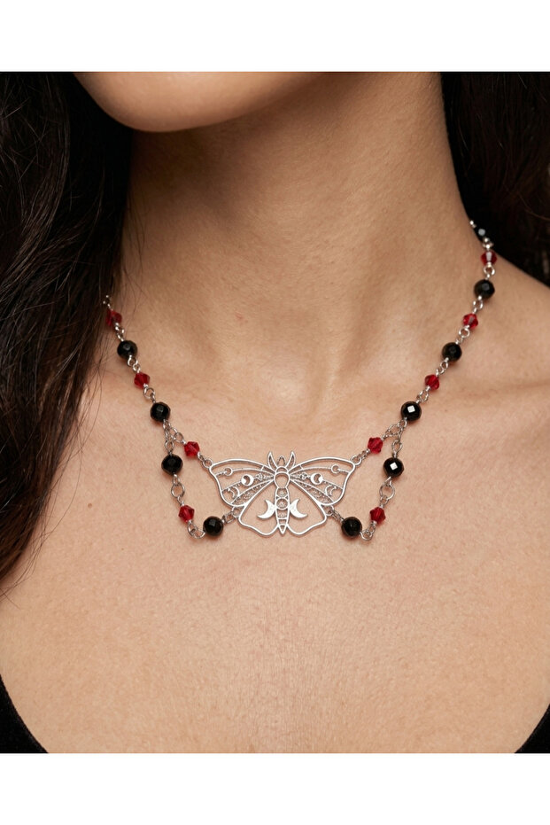 Burgundy Vibe Crystal Moth Pendant Bead Charm Necklace