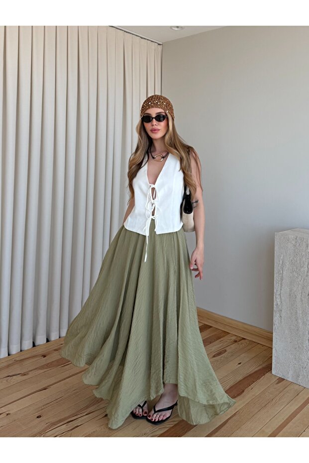 Dark Green Long Crinkled Skirt - E261022