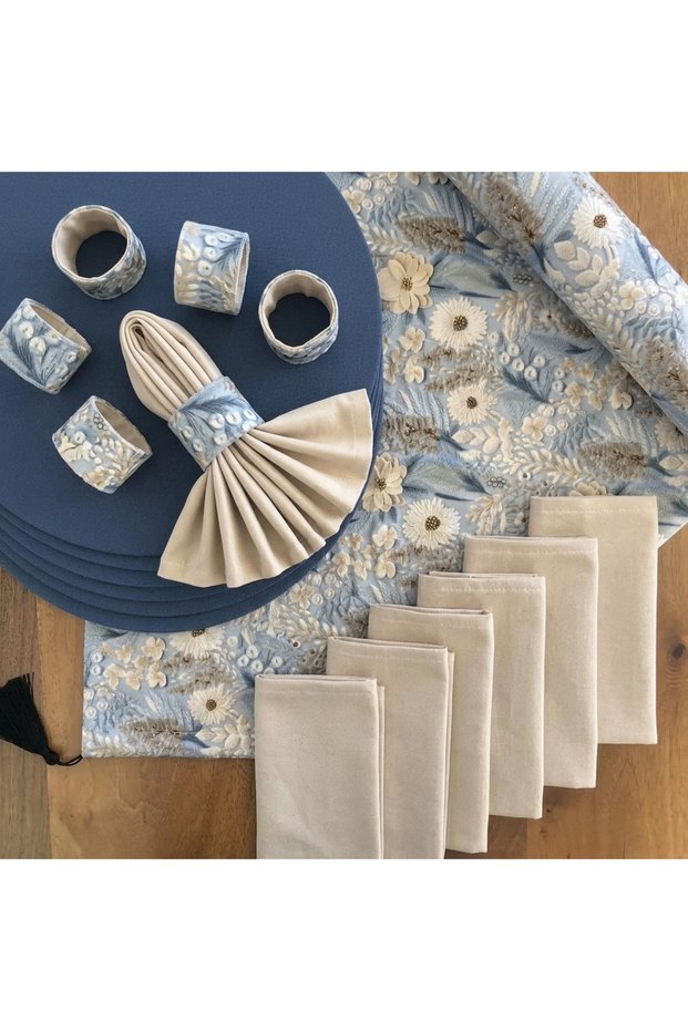 American Service Set, New Season, Anemone Pattern, 6 Indigo Placemats, 6 Stone Color Napkins, 6 Napkin Rings and Runner Cover